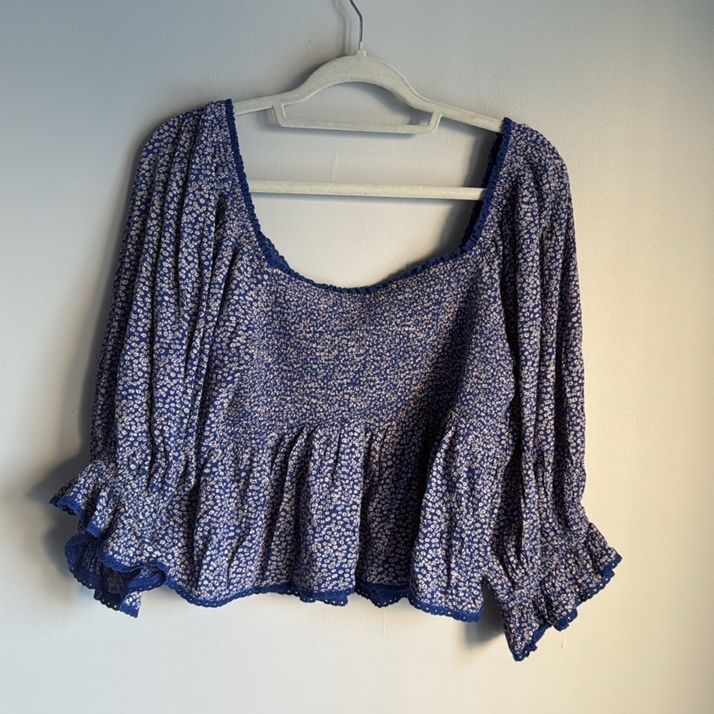 Free People Britnee Floral Cropped Peplum Smocked Puff Sleeve Top Large - Picture 4 of 10